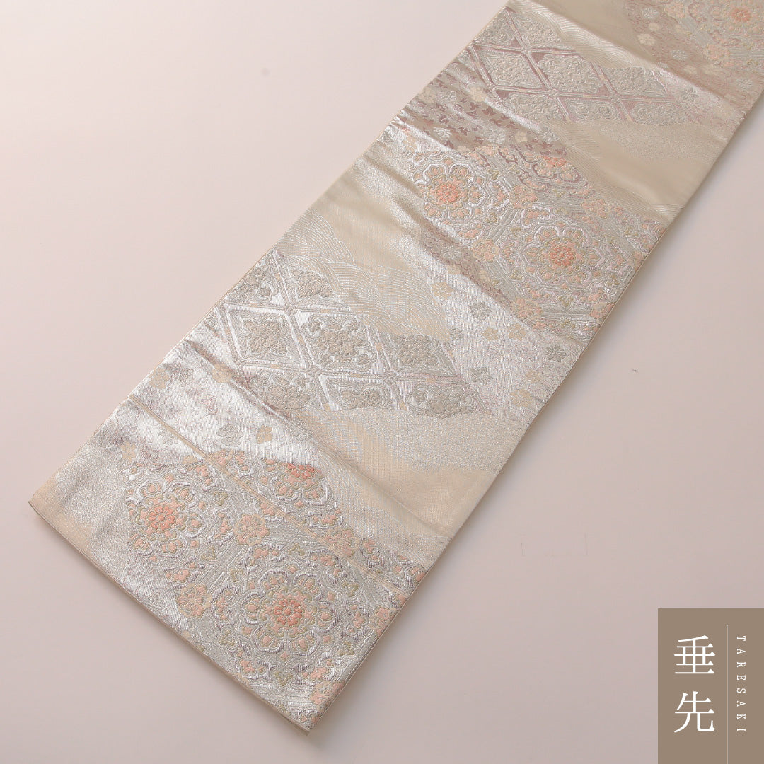袋帯 帯丈424cm 正絹 六通 フォーマル 道長取り 菱つなぎ 白系 銀系 1243-01914