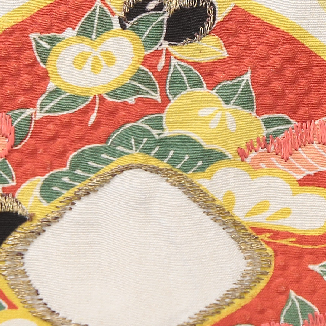 アンティーク 九寸名古屋帯 帯丈321cm 名古屋仕立て 全通 Aランク 正絹 染め帯 刺繍 花菱 橘 朱系 1224-03977