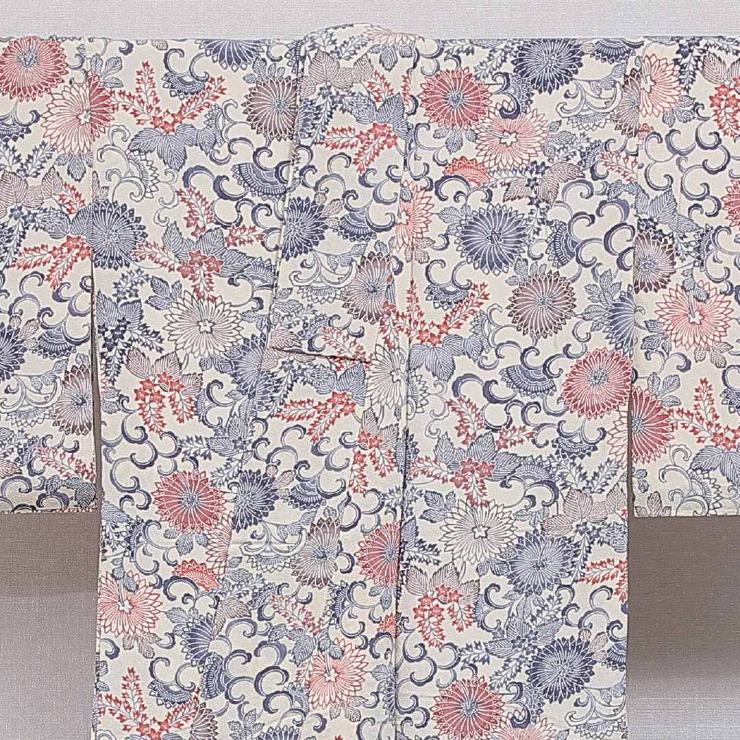 小紋 袷 身丈154cm 裄丈64cm 正絹 Sランク インフォーマル 広衿 Sサイズ 唐草 菊 桐 クリーム系 RP 1221-16084