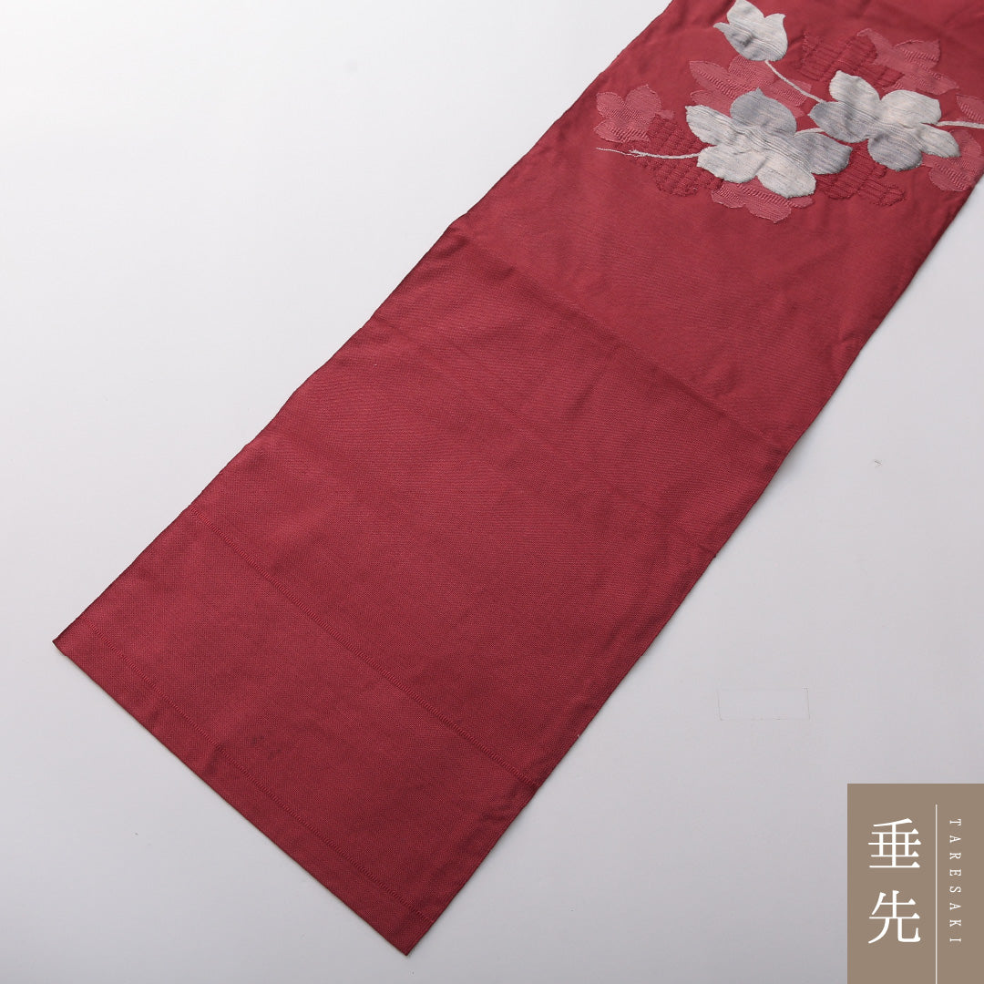 八寸名古屋帯 Aランク 帯丈346cm 正絹 ポイント柄 名古屋仕立て 帯芯なし 織り カジュアル ふくれ織 牡丹 くすんだ赤系 LP 1245-03570
