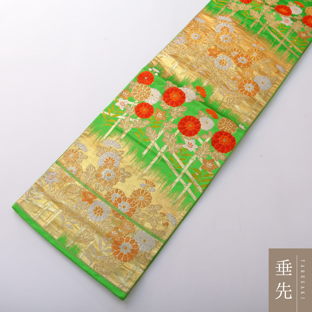 袋帯 帯丈420cm フォーマル 六通 Sランク 正絹 菊 金系 緑系 1223-02003