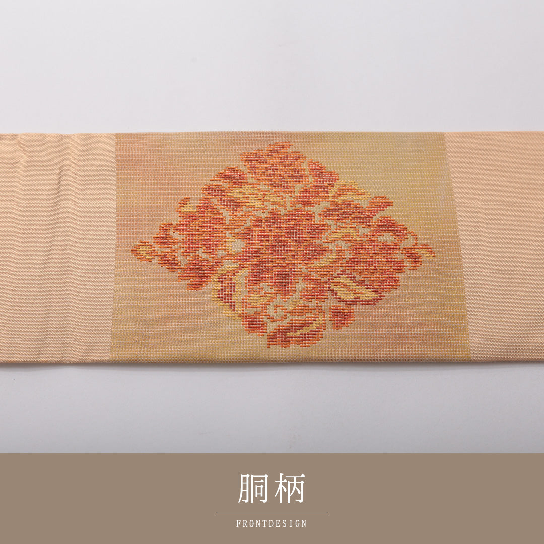 九寸名古屋帯 帯丈359cm カジュアル 名古屋仕立て ポイント柄 Dランク 正絹 鳥 ベージュ系 黄系 1224-03579