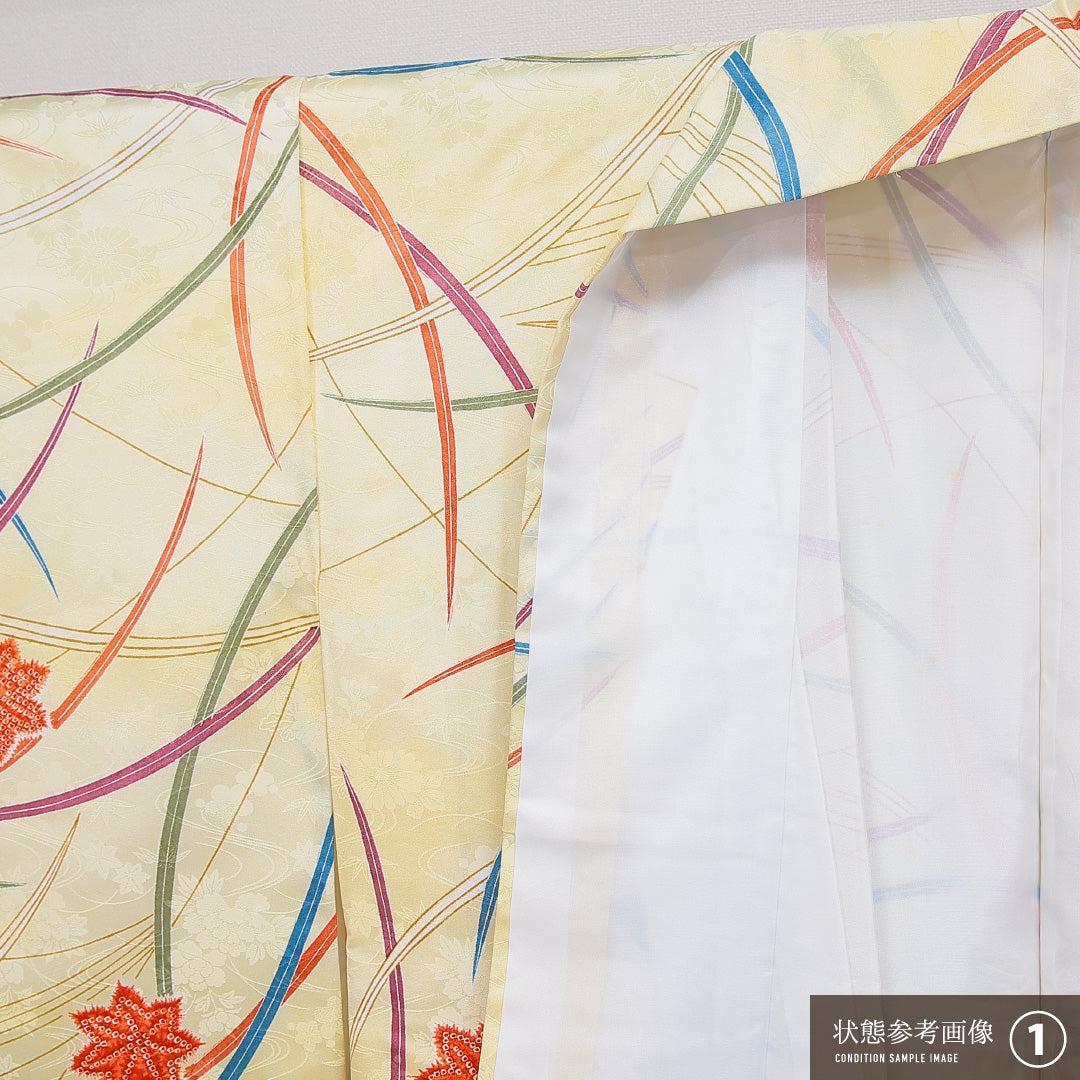 洗える着物 小紋 袷 身丈156cm 裄丈64cm ポリエステル Aランク インフォーマル 広衿 Mサイズ 芝草 紅葉 黄系 HP 1221-16381