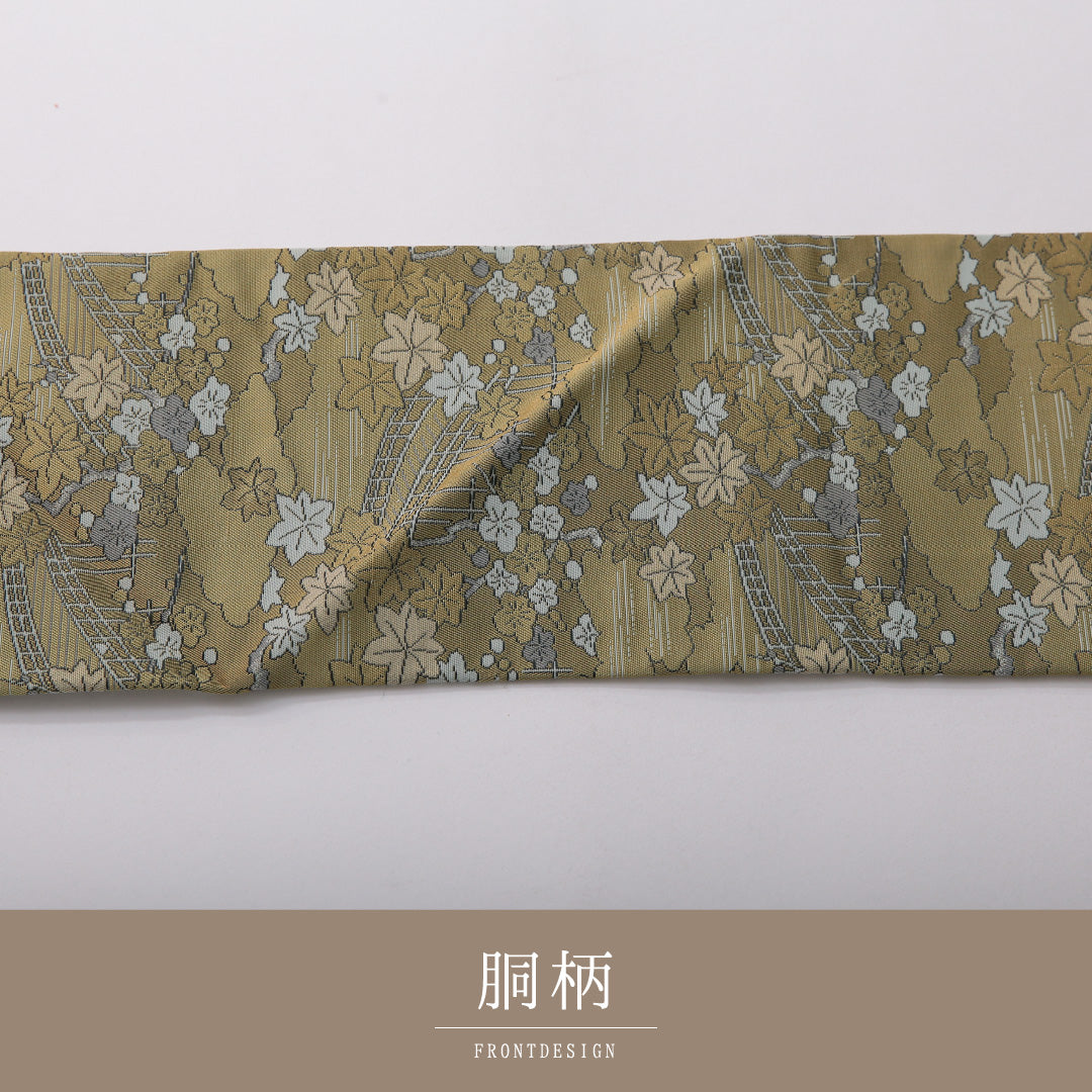 九寸名古屋帯 帯丈342cm セミフォーマル 名古屋仕立て 六通 Aランク 正絹 橋 紅葉 緑系 1224-03500