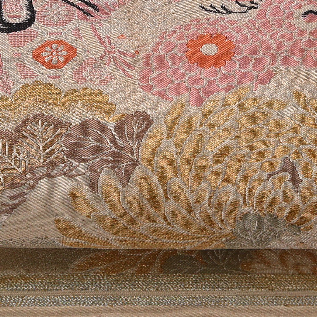 アンティーク 丸帯 帯丈380cm 全通 Cランク 正絹 鶴 菊 クリーム系 1223-02026