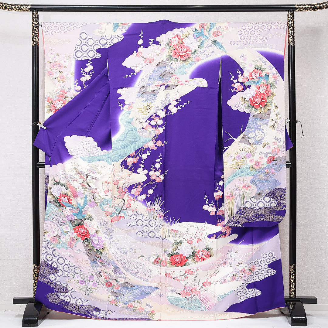 振袖 袷 身丈167cm 裄丈66cm フォーマル Aランク XLサイズ 正絹 広衿 雉 牡丹 1213-F0664