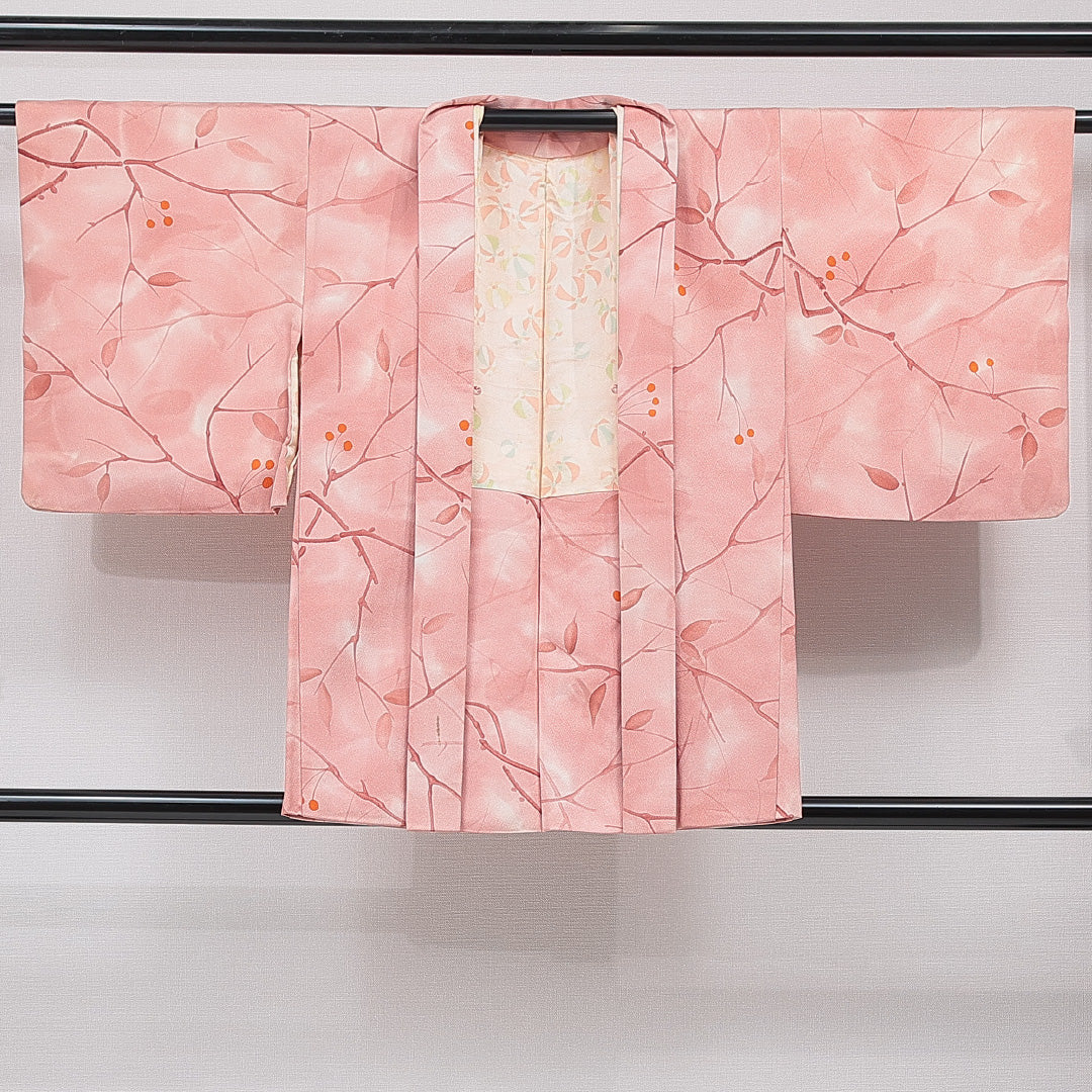 羽織 袷 身丈79cm 裄丈62cm 正絹 Cランク カジュアル Sサイズ 植物柄 ピンク系 HP 1232-15459
