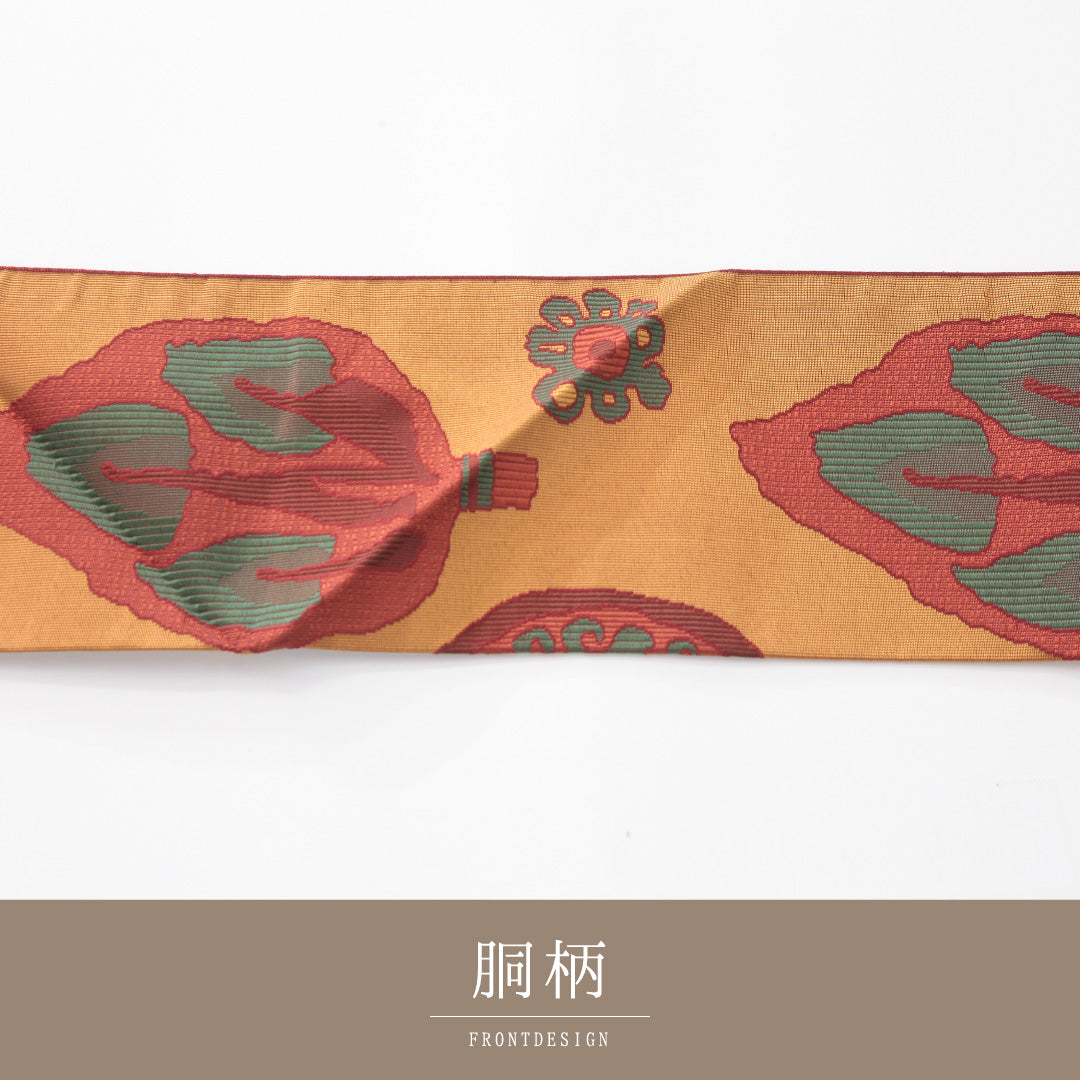 八寸名古屋帯 Sランク 帯丈385cm 正絹 六通 名古屋仕立て 織り カジュアル 創作柄 朱系 M4 1245-04180