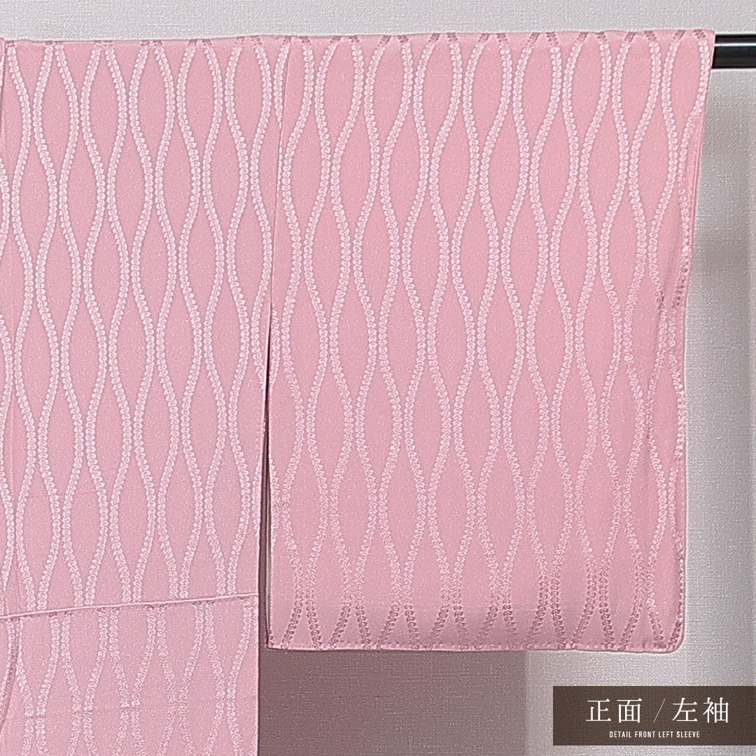 色無地 袷 身丈146cm 裄丈60cm 正絹 Sランク 一つ紋 (違い鷹の羽) 紋意匠 (立湧) セミフォーマル 広衿 XSサイズ 無地 ピンク系 RP 1219-15864