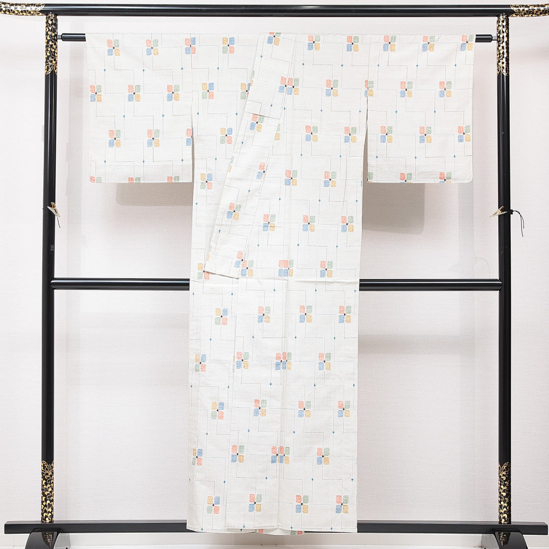 紬 単衣 身丈153cm 裄丈63cm 正絹 Sランク カジュアル 広衿 Sサイズ 居敷当て 肩当て 花柄 白系 RP 1223-15337