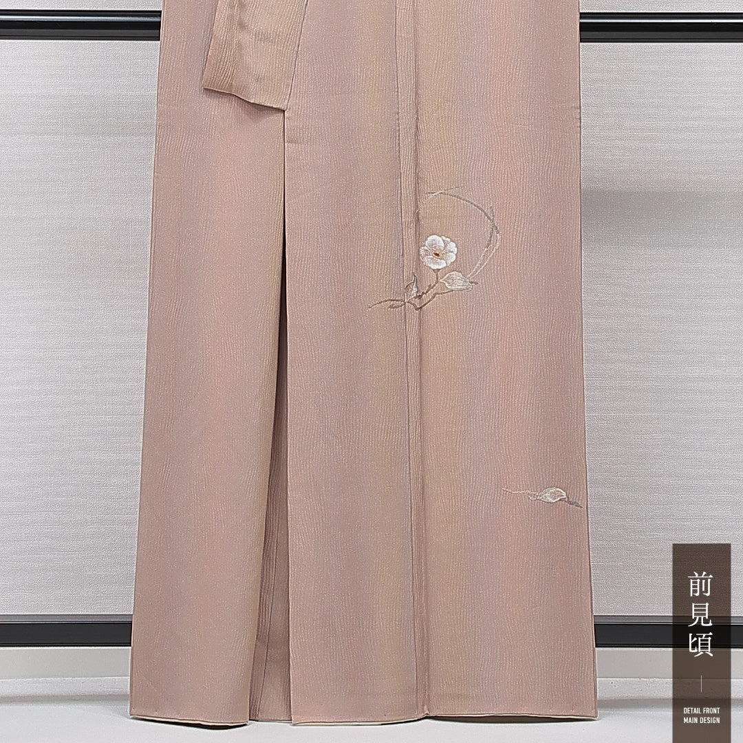 付下げ 袷 身丈160cm 裄丈62cm 正絹 Aランク インフォーマル 広衿 Lサイズ 椿 茶系 RP 1218-15420