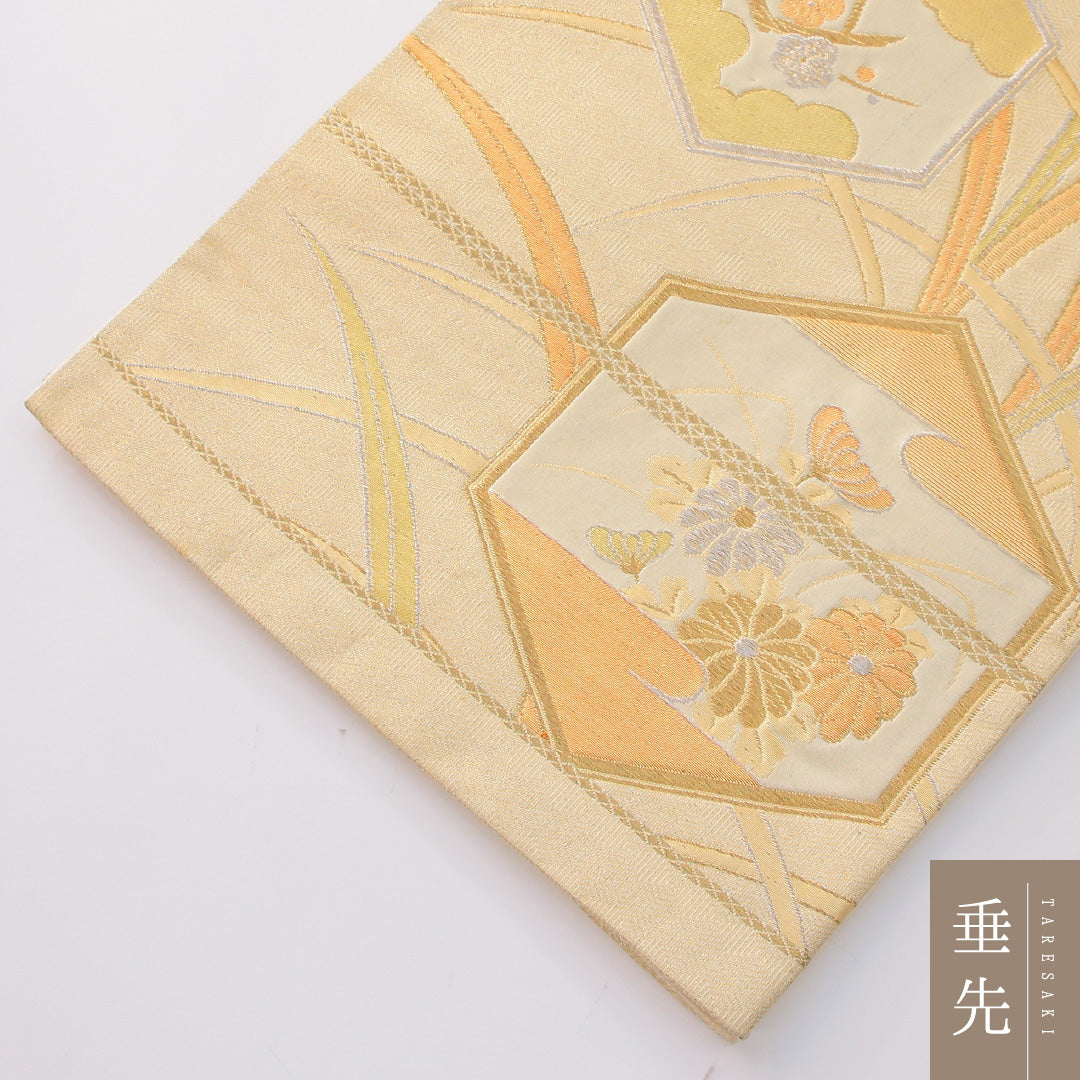 袋帯 帯丈416cm フォーマル 六通 Aランク 正絹 亀甲 菊 黄系 クリーム系 1223-02291