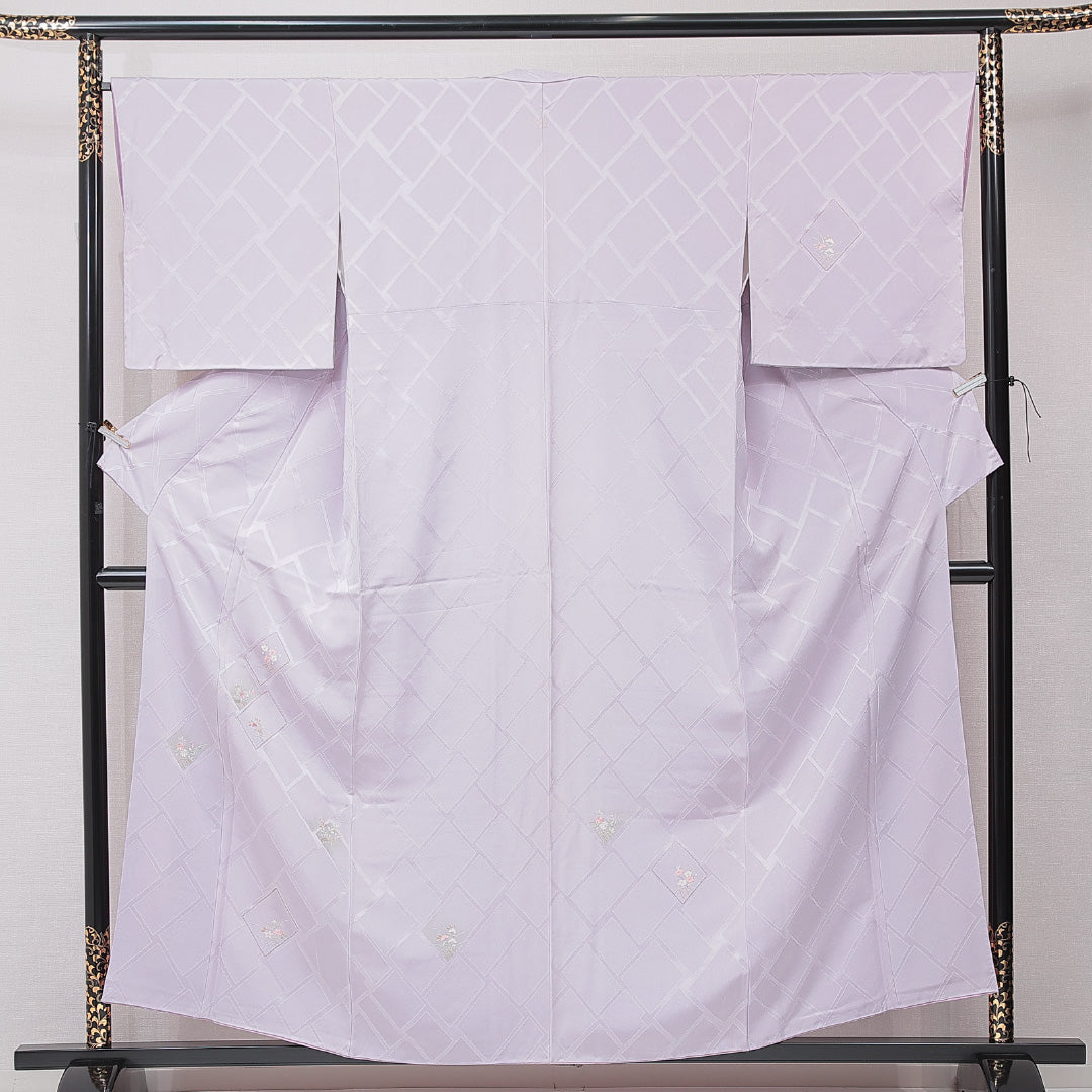 付下げ 袷 身丈156cm 裄丈65cm 正絹 Cランク 一つ紋 (桔梗) セミフォーマル 広衿 Mサイズ 刺繍 金駒刺繍 竜胆 笠松 紫系 HP 1218-15191