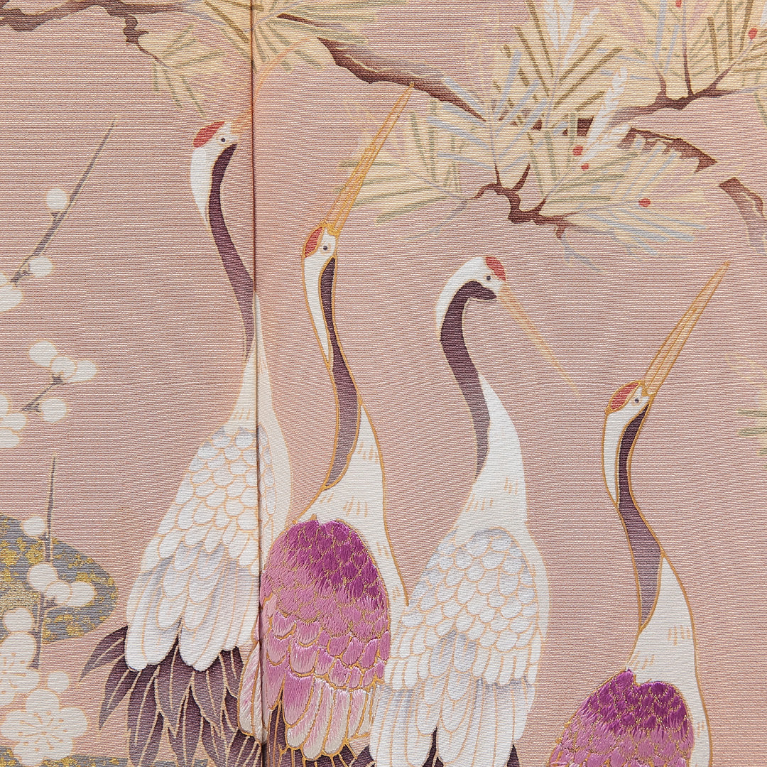 訪問着 袷 身丈155cm 裄丈60cm 正絹 Aランク Mサイズ 広衿 一つ紋（蔦） セミフォーマル 鶴 梅 落款 ピンク系 1212-15489