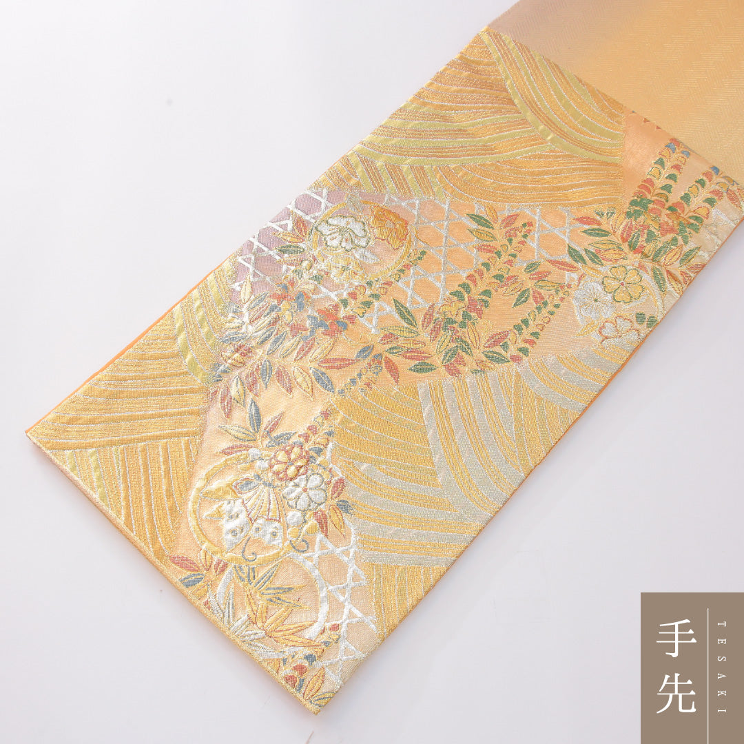 袋帯 帯丈436cm 正絹 六通 帯芯なし フォーマル 裂取り 吉祥文様 金系 1243-02265