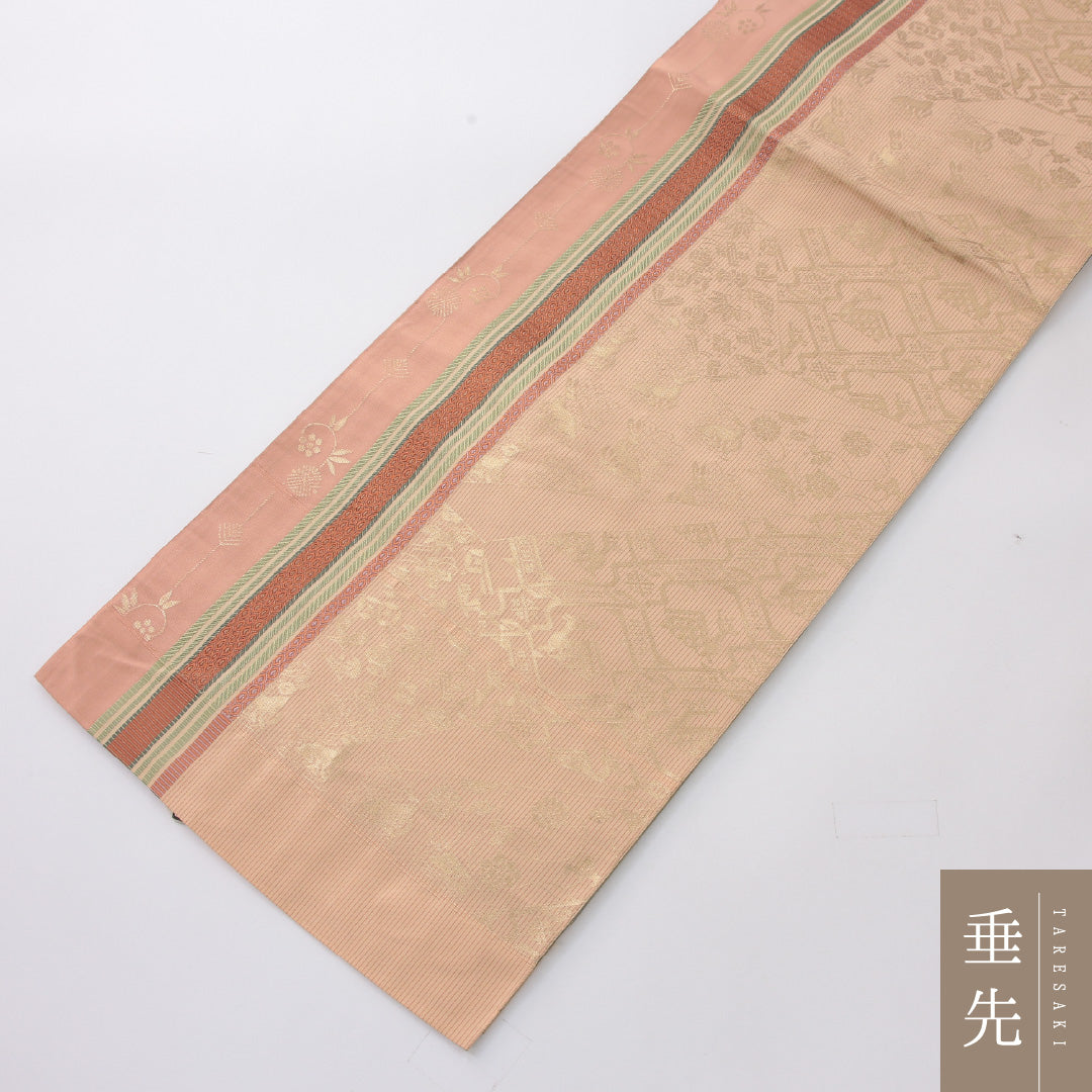 袋帯 帯丈450cm セミフォーマル 六通 未仕立て 帯芯なし Sランク 正絹 有栖川鹿文 証紙 ピンク系 1223-02232