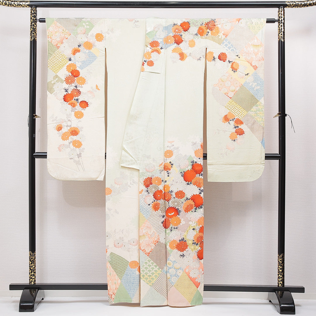 振袖 袷 身丈160cm 裄丈64cm フォーマル Cランク Lサイズ 正絹 広衿 七宝 菊 1213-F0758