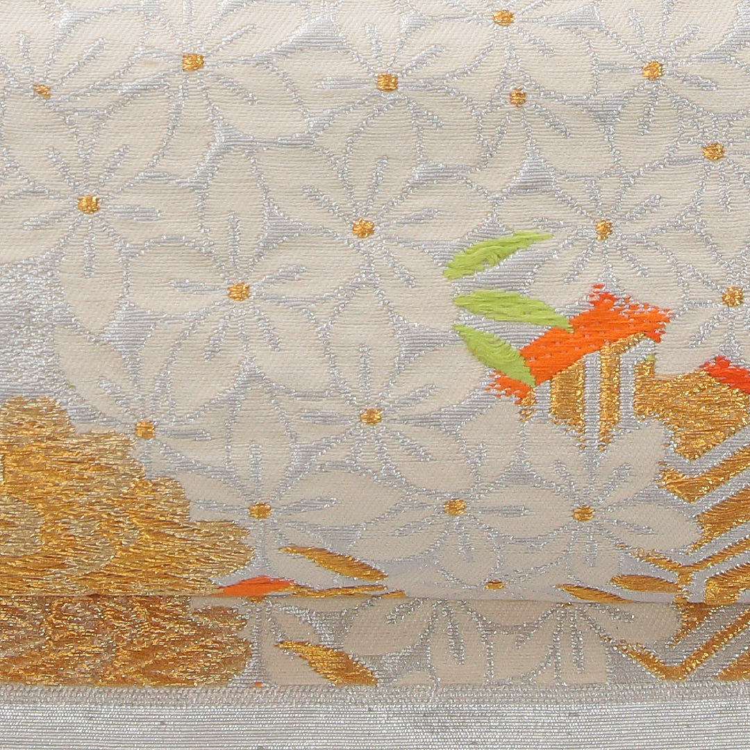 アンティーク 袋帯 帯丈416cm 六通 Aランク 正絹 唐織 古典柄 クリーム系 1223-02320