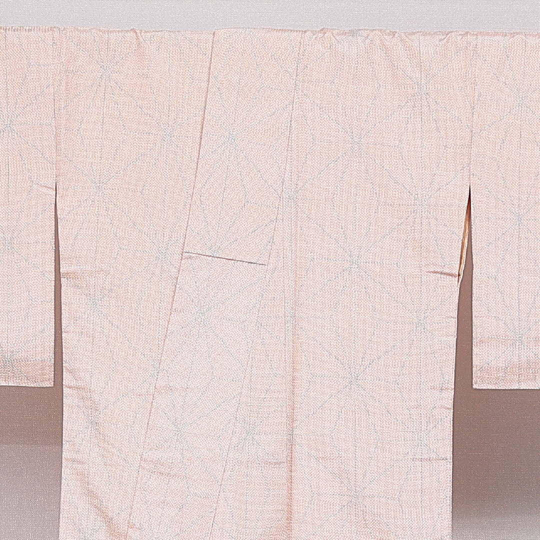 紬 袷 身丈159cm 裄丈65cm 正絹 Cランク Mサイズ 広衿 カジュアル 麻の葉 朱系 1216-16659