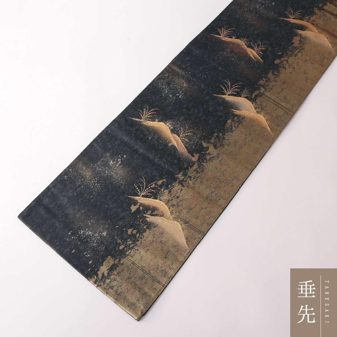 袋帯 帯丈440cm 正絹 六通 フォーマル 五重塔 京洛百景 紺系 金系 1243-01835