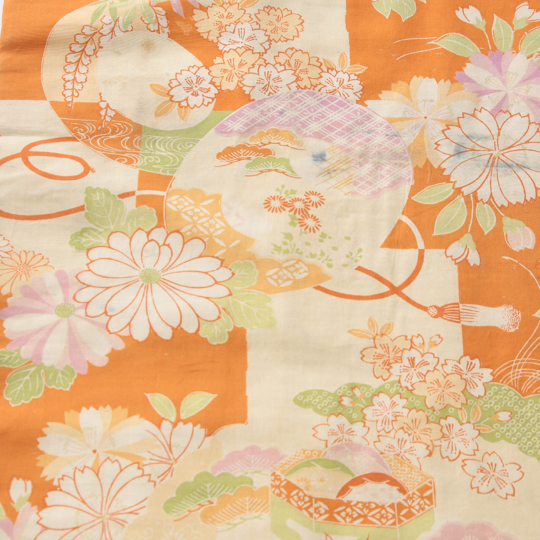 アンティーク 九寸名古屋帯 帯丈334cm 名古屋仕立て 全通 Cランク 正絹 染め帯 吉祥文様 朱系 1224-04173