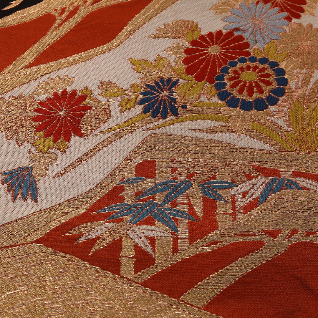 袋帯 帯丈400cm フォーマル 六通 未仕立て 帯芯なし Cランク 正絹 菱 菊 笹 朱系 金系 1223-01902