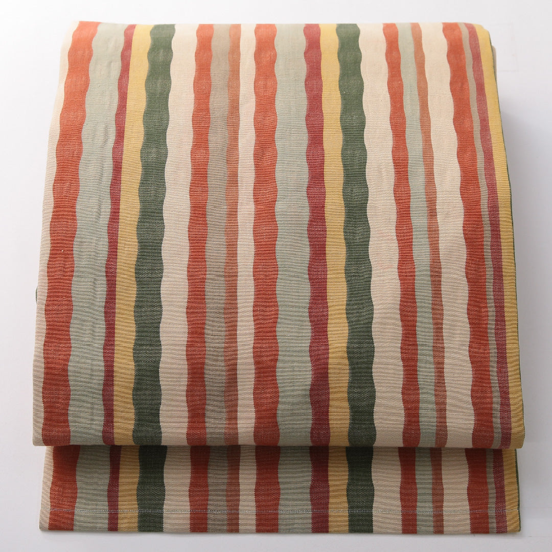 九寸名古屋帯 帯丈349cm カジュアル 名古屋仕立て 全通 Bランク 正絹 縞 多色系 1224-03825