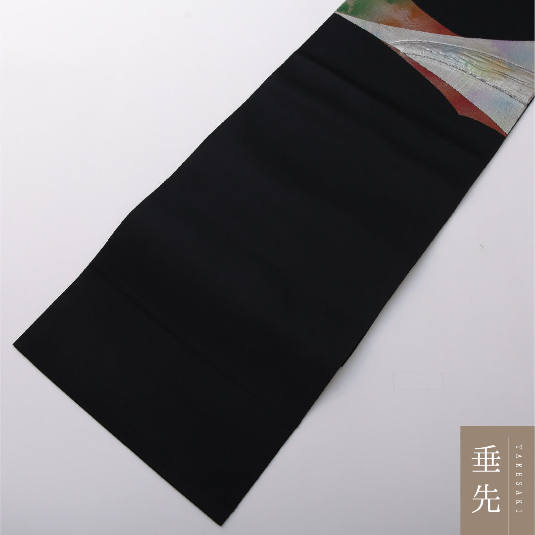 八寸名古屋帯 帯丈359cm カジュアル 松葉仕立て ポイント柄 Aランク 正絹 創作柄 黒系 1224-03444