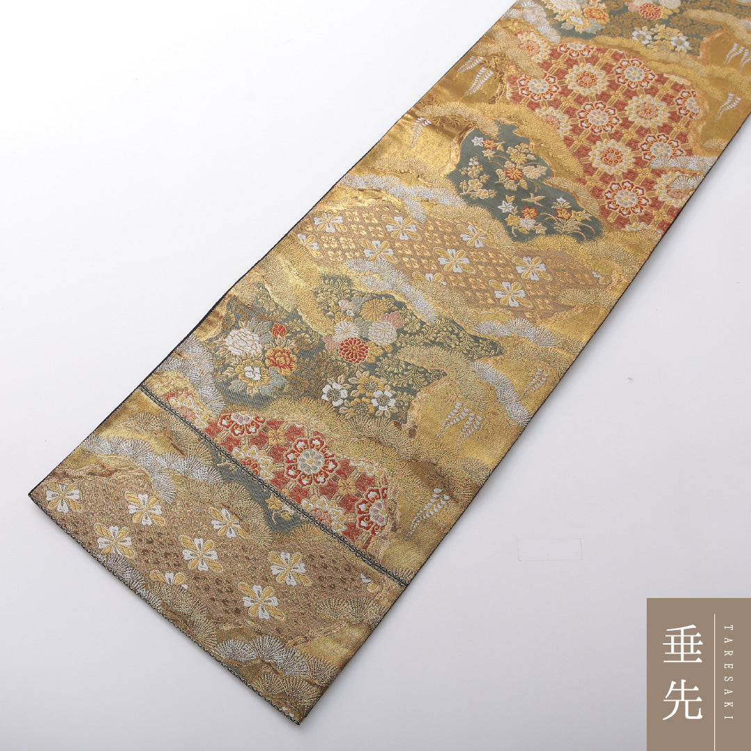 袋帯 帯丈440cm フォーマル 全通 Sランク 正絹 菊 紅葉 金系 1223-02069