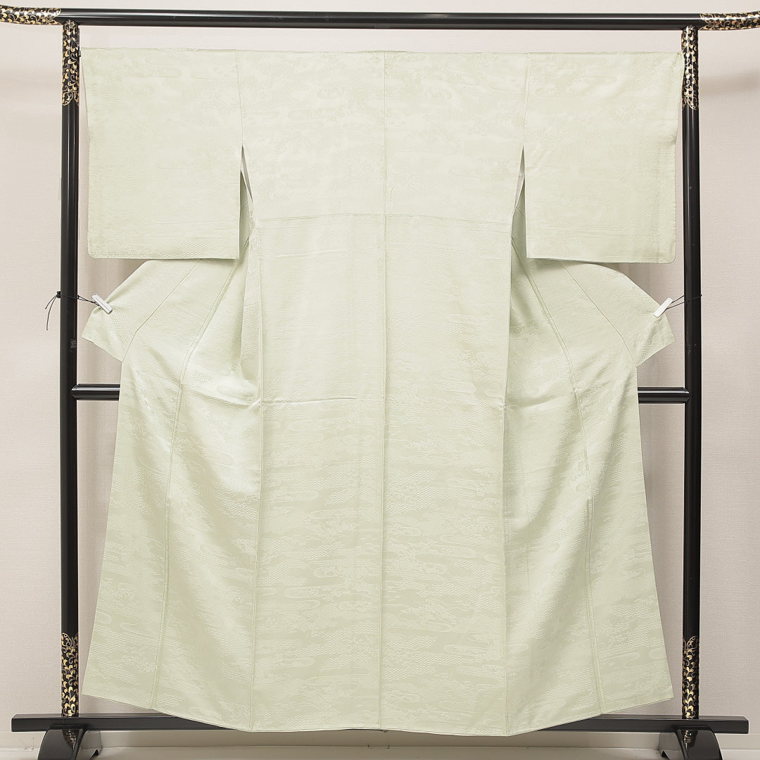 色無地 袷 身丈157cm 裄丈68cm 正絹 Cランク Mサイズ 広衿 インフォーマル 紋意匠 吉祥文様 緑系 1214-16893