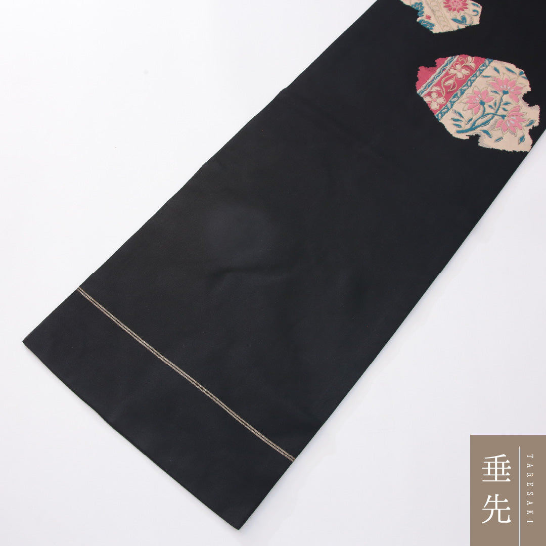 九寸名古屋帯 Sランク 帯丈353cm 正絹 ポイント柄 名古屋仕立て 織り カジュアル 花柄 黒系 RP 1245-04157