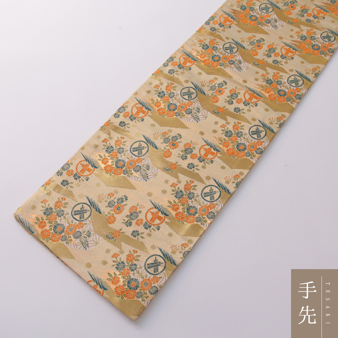 袋帯 帯丈424cm 正絹 全通 フォーマル 家紋柄 吉祥文様 金系 1243-01930