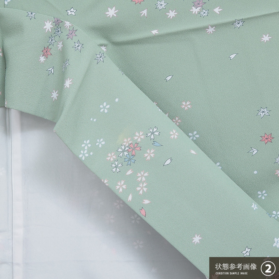 洗える着物 小紋 袷 身丈165cm 裄丈66cm ポリエステル Bランク インフォーマル 広衿 XLサイズ 桜 緑系 RP 1221-16106