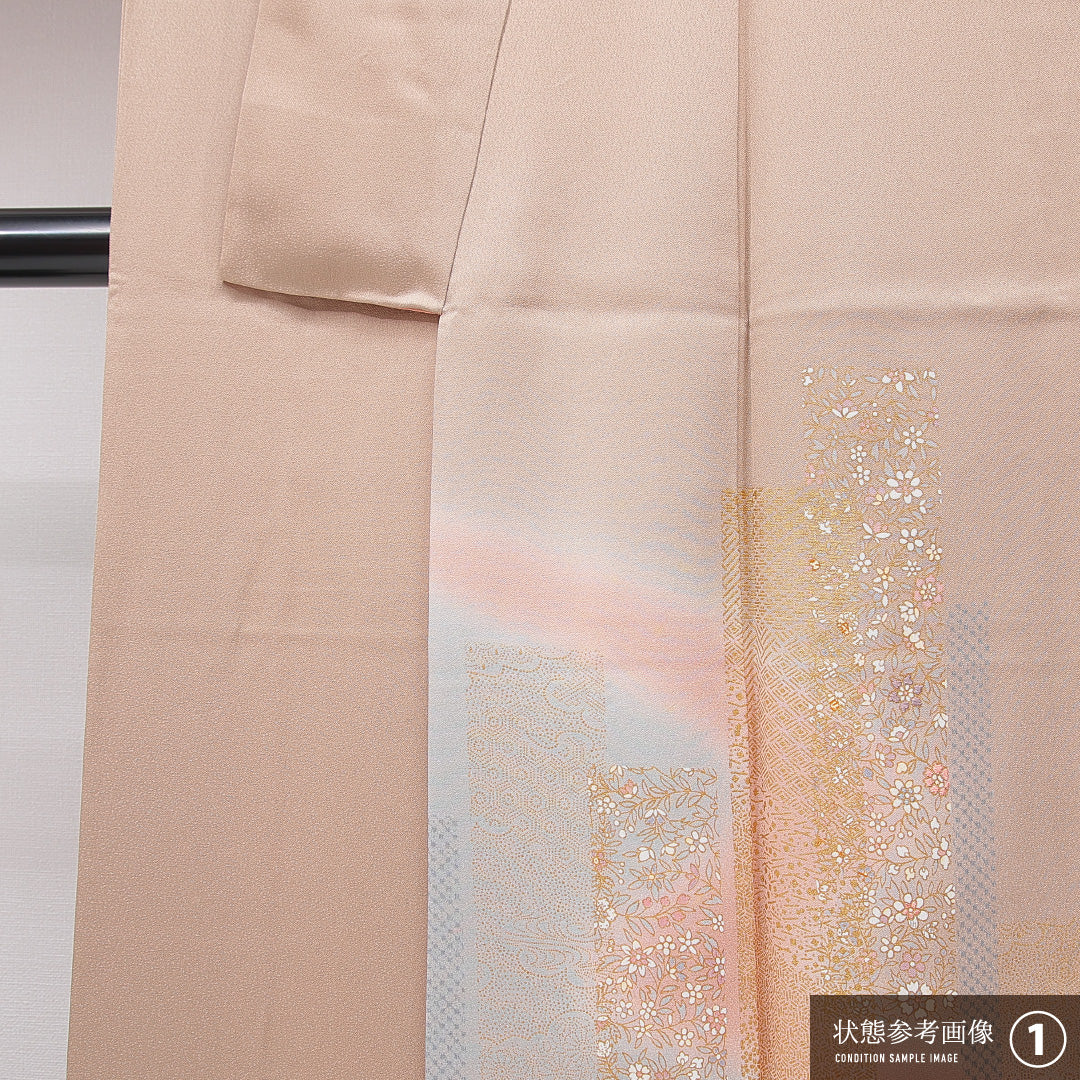 付下げ 袷 身丈157cm 裄丈64cm 正絹 Bランク インフォーマル 広衿 Mサイズ 花柄 吉祥文様 茶系 RP 1218-15893
