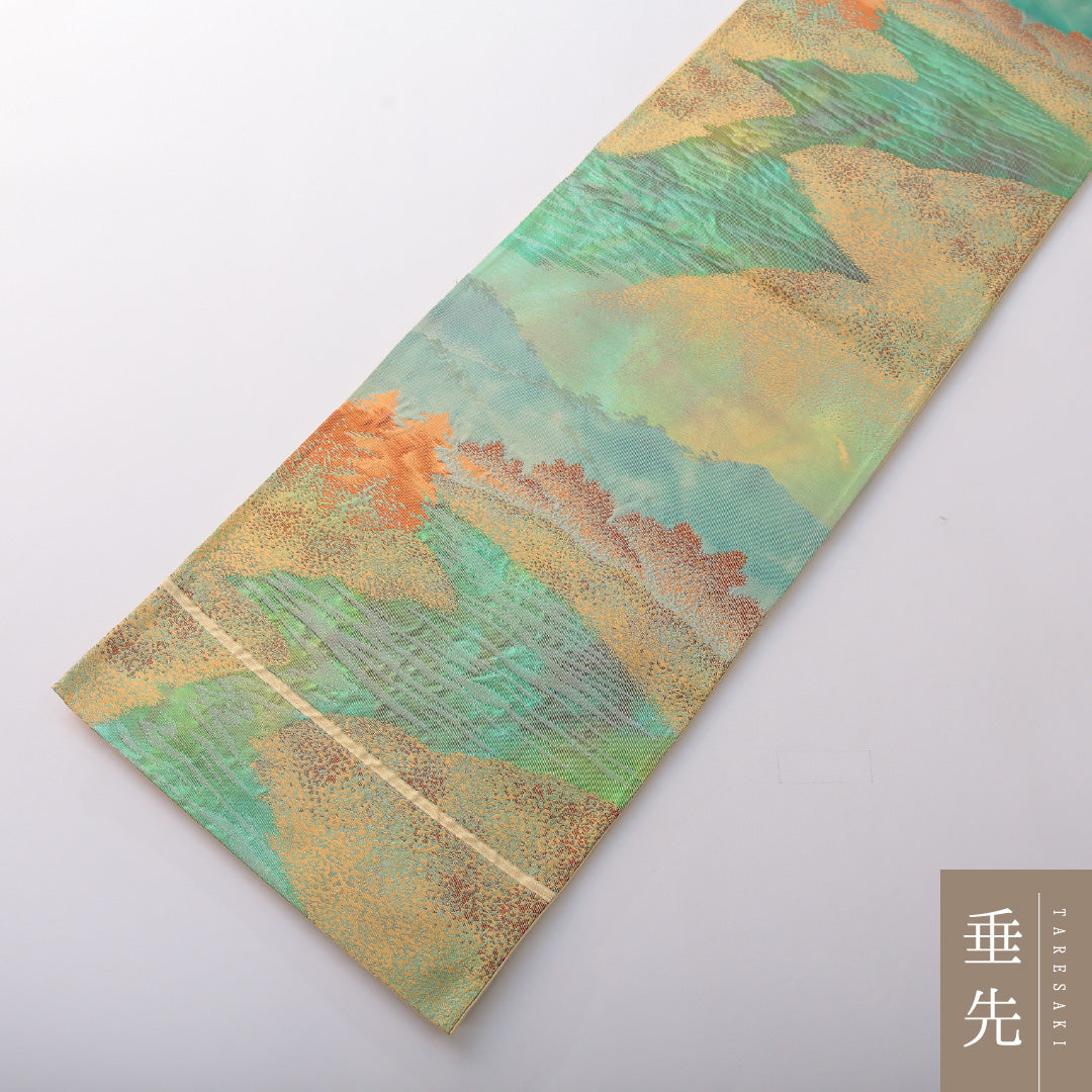 袋帯 帯丈418cm 正絹 六通 帯芯なし セミフォーマル 綴れ織 山 緑系 金系 1243-02042