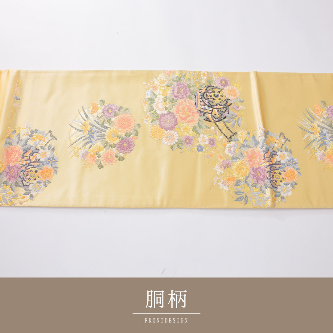 袋帯 帯丈446cm 正絹 六通 フォーマル 花車 金系 1243-02259