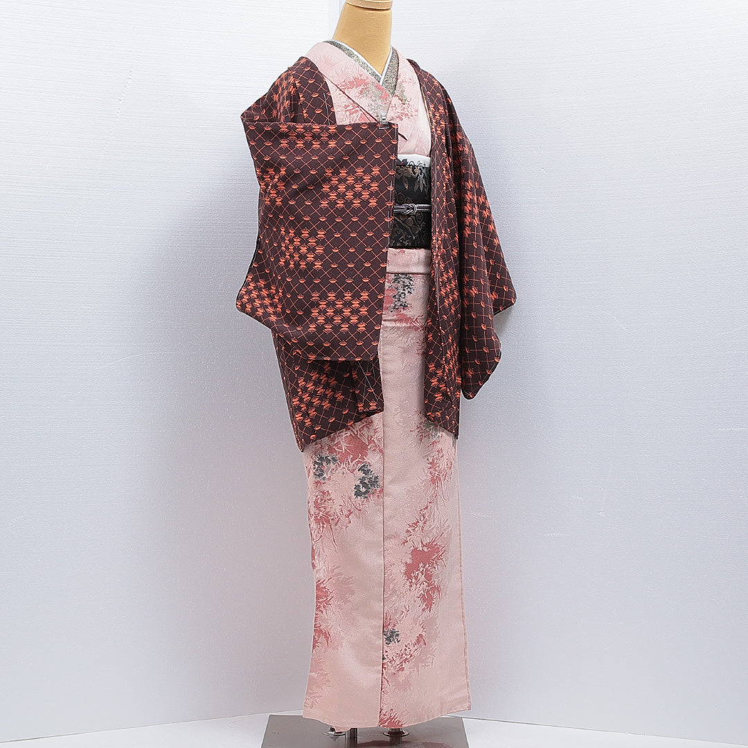 羽織 袷 身丈78cm 裄丈63cm 正絹 Bランク カジュアル Sサイズ 扇 茶系 HP 1232-16190