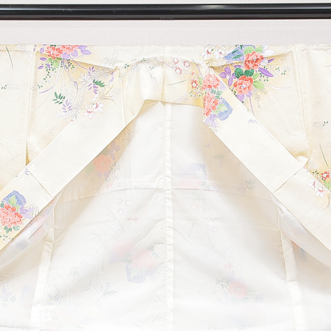 小紋 洗える着物 袷 身丈158cm 裄丈63cm ポリエステル Sランク Mサイズ 広衿 インフォーマル 椿 黄系 1215-15809