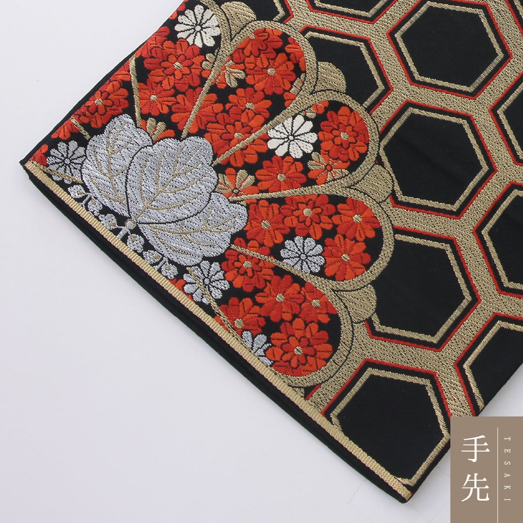 袋帯 帯丈400cm 正絹 六通 未仕立て フォーマル 亀甲 菊 古典柄 桐 黒系 1243-02179