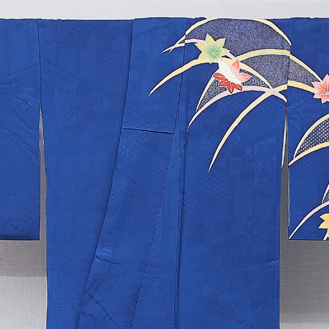 訪問着 袷 身丈161cm 裄丈64cm 正絹 Sランク セミフォーマル 広衿 Lサイズ 芝草 楓 古典的 舞台衣装 青系 RP 1217-15869