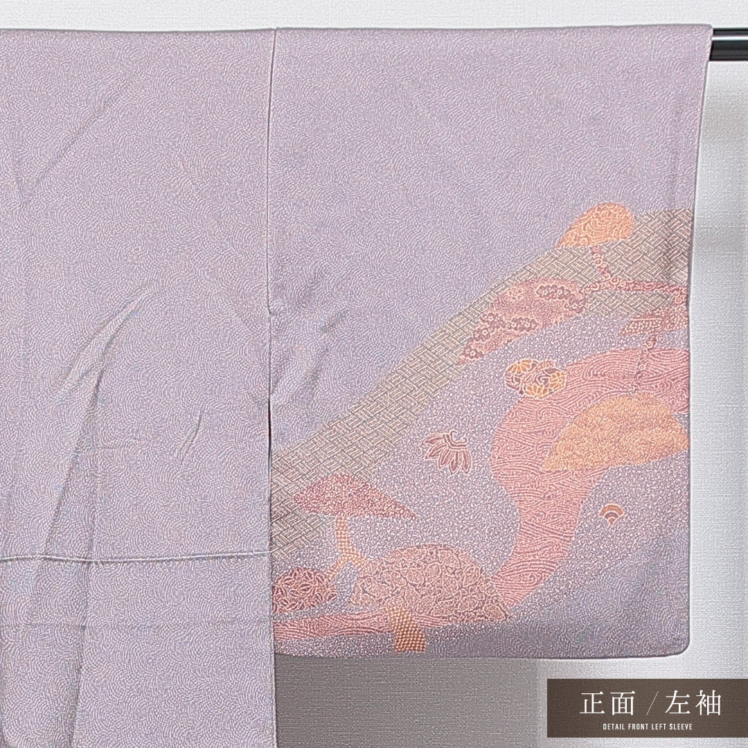 訪問着 袷 身丈160cm 裄丈65cm 正絹 Sランク セミフォーマル 広衿 Lサイズ ガード加工 鮫柄 松 古典的 個性的 紫系 RP 1217-15915