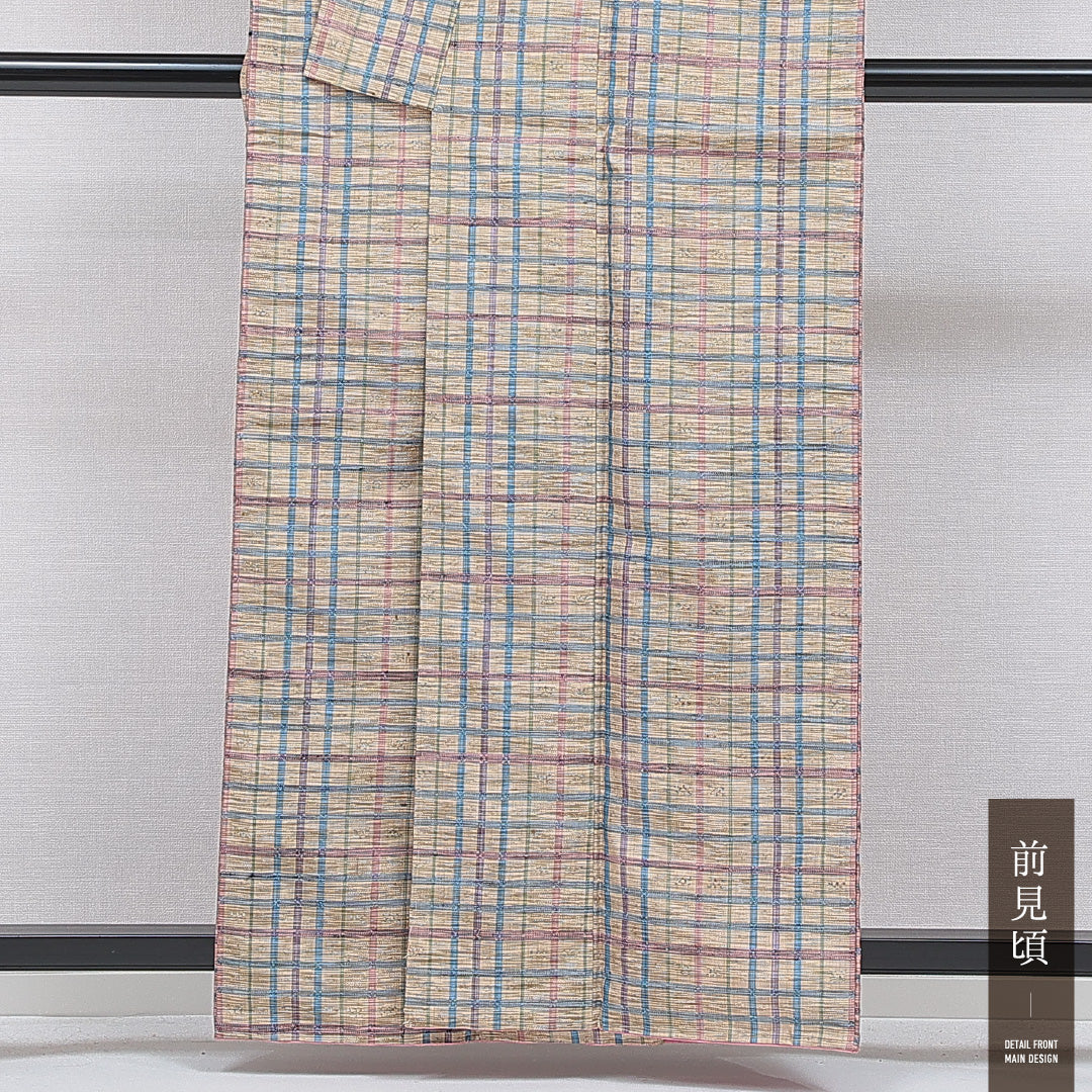 紬 袷 身丈159cm 裄丈66cm 正絹 Aランク カジュアル 広衿 Mサイズ 格子 多色系 RP 1223-16649