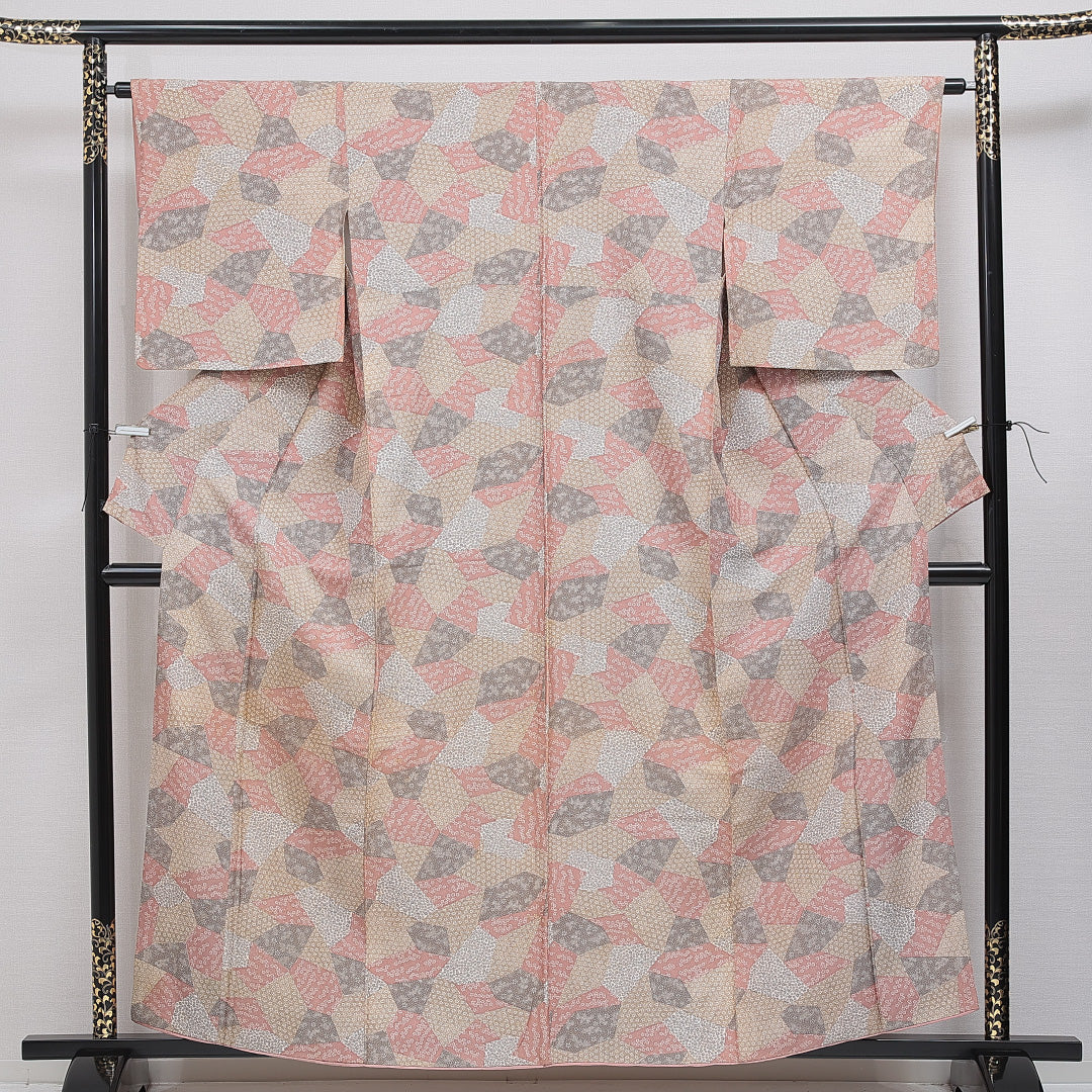 小紋 洗える着物 袷 身丈159cm 裄丈63cm ポリエステル Cランク Mサイズ 広衿 インフォーマル 寄せ柄 桜 多色系 1215-16098