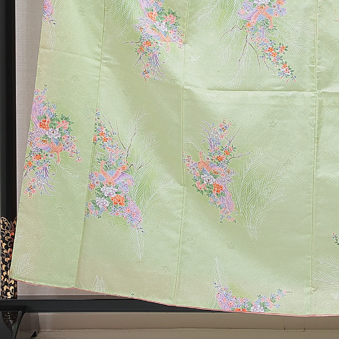 小紋 洗える着物 袷 身丈158cm 裄丈64cm ポリエステル Cランク Mサイズ 広衿 インフォーマル 花喰鳥 緑系 1215-16058