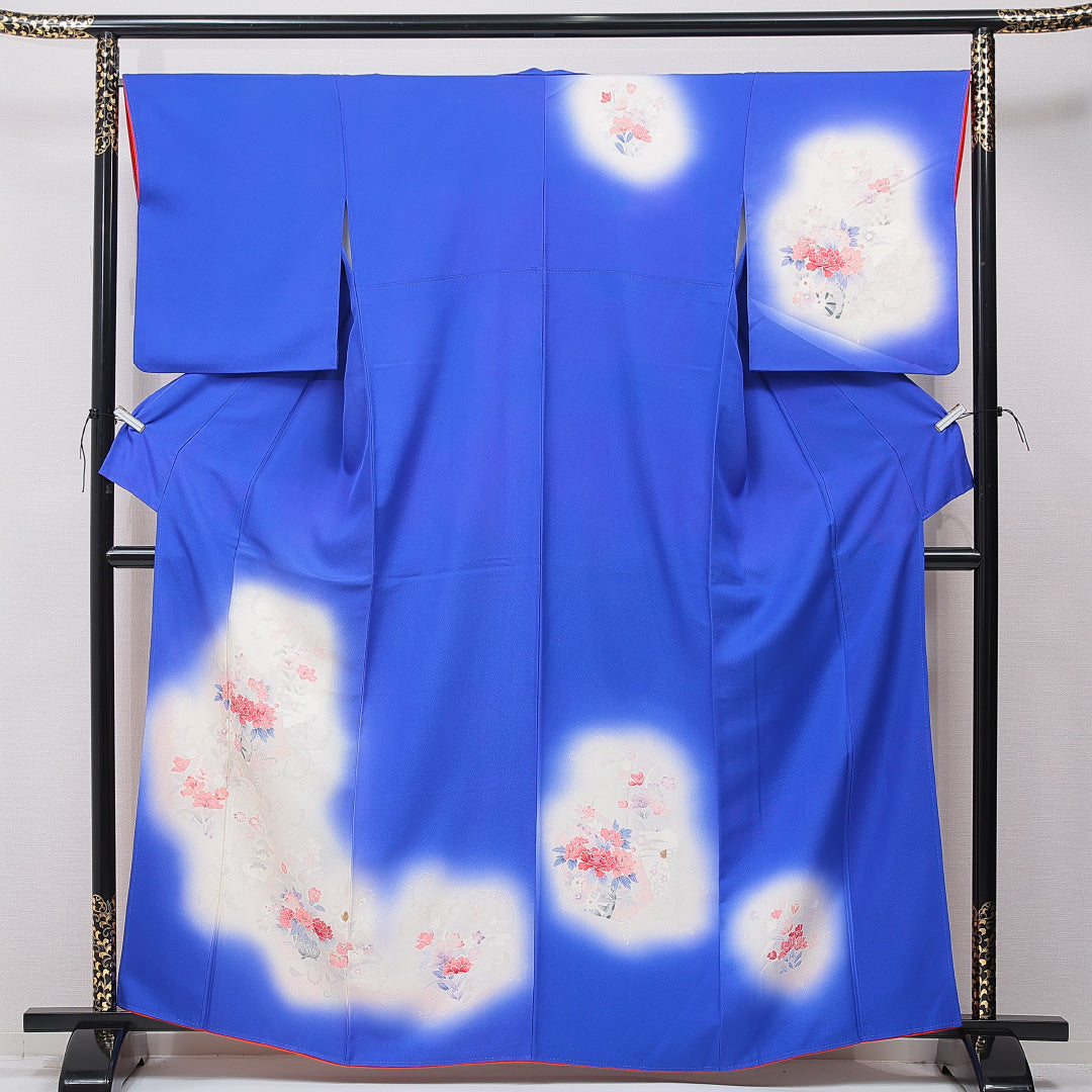 付下げ 袷 身丈162cm 裄丈67cm 正絹 Bランク インフォーマル バチ衿 Lサイズ ぼかし染 牡丹 青系 HP 1218-15895