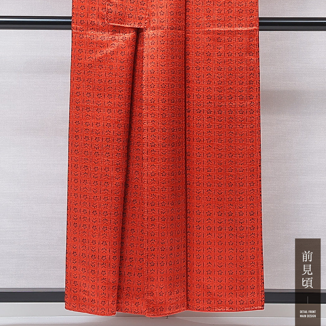 アンティーク 小紋 袷 身丈156cm 裄丈62cm 正絹 Aランク 広衿 Mサイズ 花柄 朱系 RP 1221-16765
