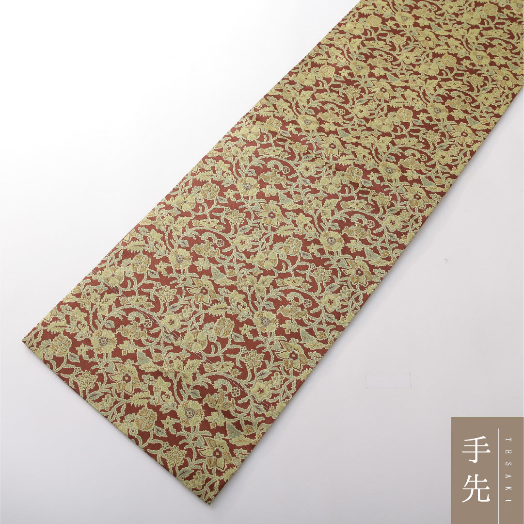 九寸名古屋帯 帯丈364cm カジュアル 開き仕立て 全通 Sランク 正絹 花柄 茶系 1224-03826