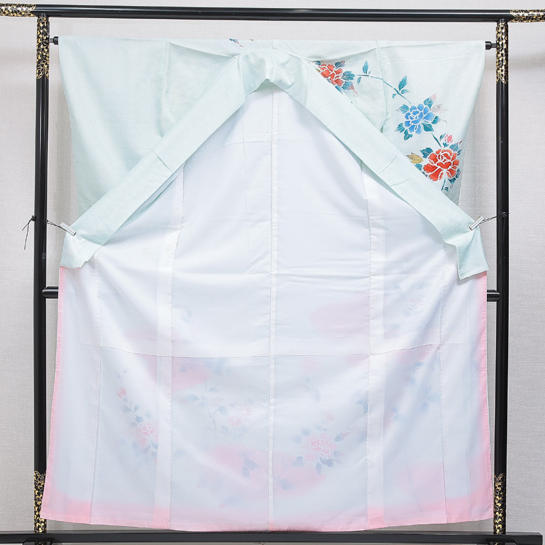 訪問着 袷 身丈159cm 裄丈63cm 正絹 Cランク セミフォーマル 広衿 Mサイズ 刺繍 牡丹 吉祥文様 水色系 LP 1217-15944