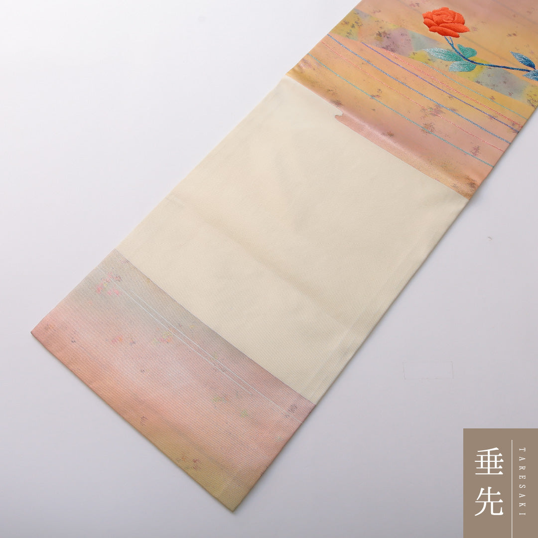 九寸名古屋帯 帯丈359cm カジュアル 名古屋仕立て ポイント柄 Cランク 正絹 綴れ織 薔薇 クリーム系 1224-03491