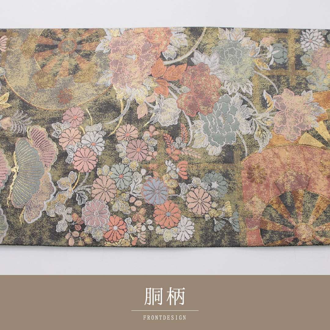 袋帯 帯丈428cm 彩華御車文 フォーマル 全通 Sランク 正絹 源氏車 菊 松 金系 黒系 1223-02329